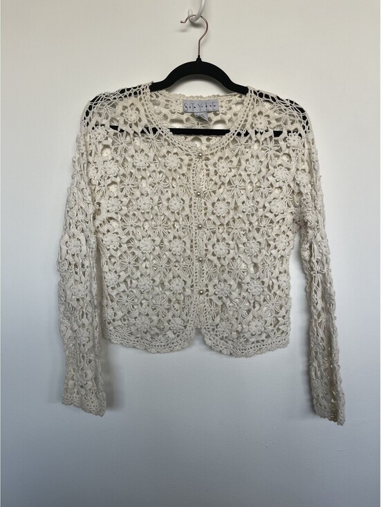 Tops - Vintage 90s Style New York Ramie-Cotton Lace Knit Top Cream Large